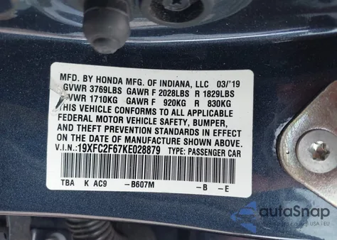 2019 Honda Civic Lx z USA, uszkodzony, nr VIN 19XFC2F67KE028879